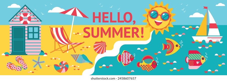 Abstract summer background with smiling sun, beach, seashells, sun lounger, umbrella,yacht and fishes. Vacation, recreation and travelling backdrop. Maritime landscape with beach elements