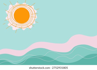 Abstract summer background with sun and waves sea. Simple vector illustration with copyspace
