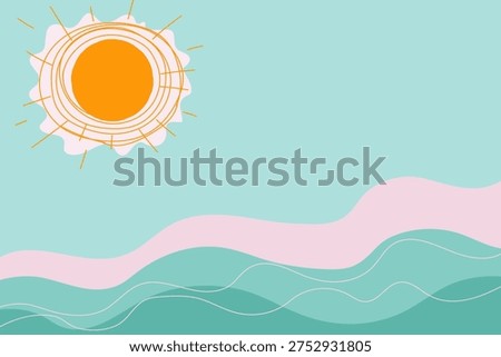 Abstract summer background with sun and waves sea. Simple vector illustration with copyspace