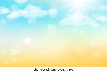 Abstract summer background with sunbeams and bokeh effect. Illustration of sand clouds and sky with bright sun. Vector image.