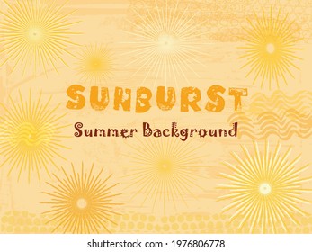 Abstract summer background with sunbursts and waves symbols on sandy beach textured background. Vector