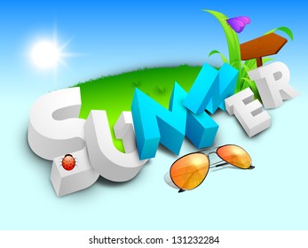 Abstract summer background with sunglasses, sign board, butterflies, and shiny sun.
