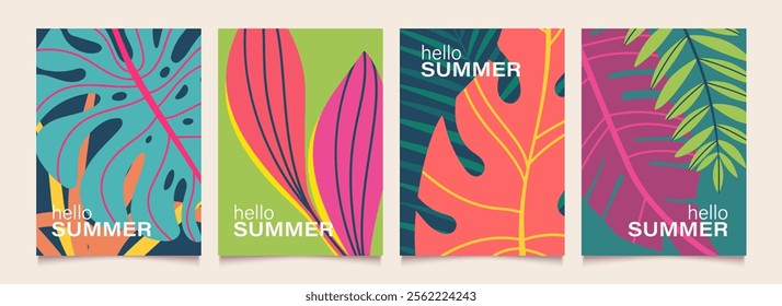 Abstract summer background with tropical leaves. Modern minimalist templates for poster, card, party, celebration, banner, cover, sale in simple flat design. Vector illustration.
