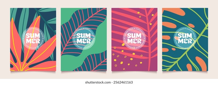 Abstract summer background with tropical leaves. Modern minimalist templates for poster, card, party, celebration, banner, cover, sale in simple flat design. Vector illustration.
