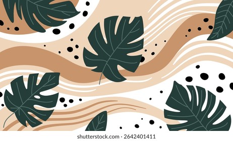 Abstract summer background with tropical leaves, beautiful wavy lines and spots. 
