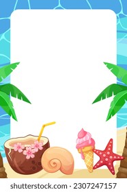 Resumen del entorno estival con palmeras tropicales, cócteles y helados. La temática de la playa. Vector de plantilla vertical, lugar del texto.