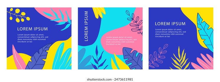 Abstrakter Sommerhintergrund mit tropischen Palmblättern. Sommerschlussverkauf, Social-Media-Werbeinhalte. Kollektion von abstrakten Hintergrunddesigns.