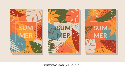 Abstract summer backgrounds with bright tropical leaves. Modern vector illustrations  templates jungle and beach theme. This designs great for summer sale, poster, social media, invitations, banner