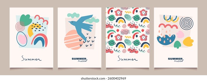 Abstract summer backgrounds with icons or shapes in flat design. Vacation mood. Modern geometric vector illustrations. Trendy  posters, cards, banners, print on shirts.
