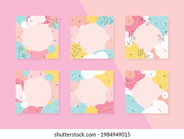 Abstract summer backgrounds. Set of colorful square templates decorated with floral elements and organic shapes. Suitable for social media posts, mobile apps and banners design. Vector 10 EPS.