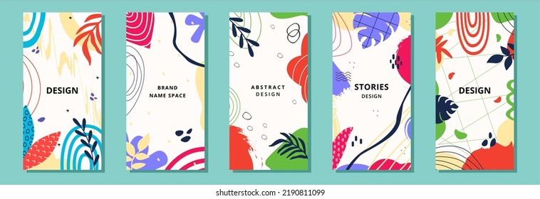 Abstract summer backgrounds, social media template. Floral tropical leaf frame collection, vertical banner leaf pattern, memphis style. Bright colors doodle art with copy space. Vector graphic design