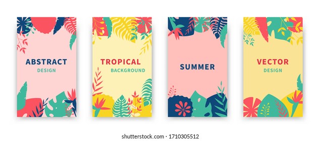 Abstract summer backgrounds. Vertical posters nature landscape leaf palm tree. Social media stories, design templates for advertising, banners, greeting cards. Vector illustration