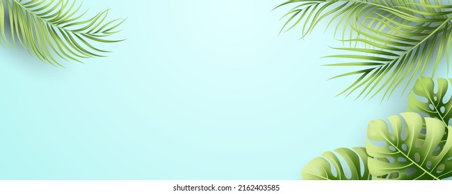 Abstract summer banner design with tropical leaves background