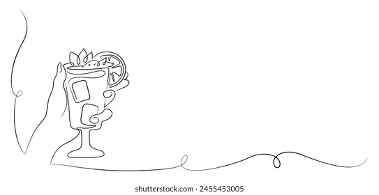 The abstract summer banner, hand holding fruit cocktail in line art vector