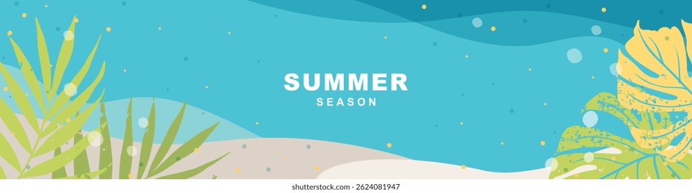 Resumo Verão e Praia horizontal Fundo com folhas tropicais. Tema de Viagem e Férias. Ilustração vetorial na moda com elementos de natureza exótica para cartaz, banner, capa, anúncio