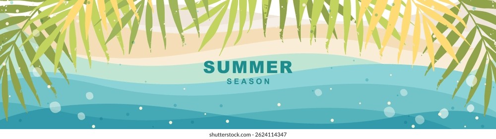 Abstract Summer and Beach horizontal Background with tropical leaves. Theme of Travel and Vacation. Trendy vector illustration with Exotic Nature elements for poster, banner, cover, advertisement