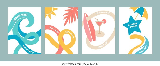 Abstract Summer Beach Illustration Set with Waves Sun Tropical Shapes and Cocktail Elements Modern Seasonal Design Collection