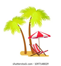 Abstract summer beach, lounge and palm tree vector illustration, white background green leaves of tropical trees striped umbrella over chaise