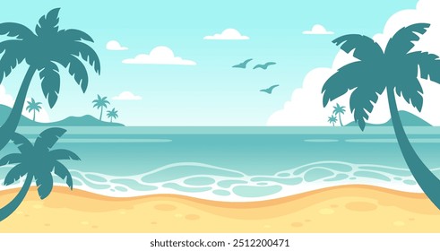 Abstract summer beach with palms. Paradise sunrise with sand beach, blue sky and clouds. Tropical nature background for poster, card design. Sunlight and ocean waves. Vector concept.