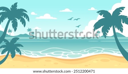 Abstract summer beach with palms. Paradise sunrise with sand beach, blue sky and clouds. Tropical nature background for poster, card design. Sunlight and ocean waves. Vector concept.