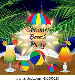 Abstract summer beach party background with palm branches, beach balls, umbrella and icy cocktail glasses