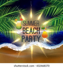 Abstract summer beach party background with palm leaves and icy cocktail glasses