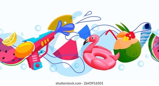 Abstract summer beach seamless horizontal background with water gun, flamingo ring toy, coconut cocktail, ball, watermelon. Vector illustration. Colorful design elements for banner, flyer, poster