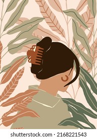 Abstract summer Boho poster with Woman fashion Silhouette backside. Minimalist Tropical exotic wall art illustration.