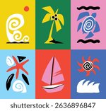 Abstract summer botanical doodle background art vector set. Hand drawn sea wave, coconut tree, boat, turtle. Design for print, wallpaper, clipart, wall art for home decoration.