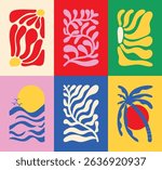 Abstract summer botanical doodle background art vector set. Hand drawn flower, leaves, sea wave, moon, bird. Design for print, wallpaper, clipart, wall art for home decoration.