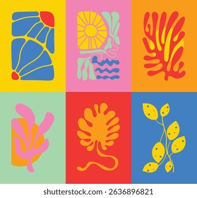 Abstract summer botanical doodle background art vector set. Hand drawn flower, leaves, coral, sea wave. Design for print, wallpaper, clipart, wall art for home decoration.