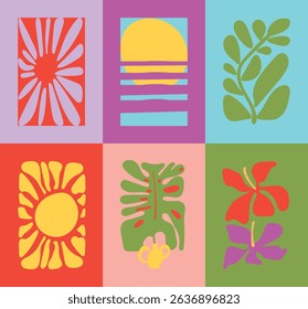 Abstract summer botanical doodle background art vector set. Hand drawn flower, leaves, sea wave, sun, vase, hibiscus. Design for print, wallpaper, clipart, wall art for home decoration.