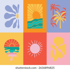 Abstract summer botanical doodle background art vector set. Hand drawn flower, leaves, coral, coconut tree, sun. Design for print, wallpaper, clipart, wall art for home decoration.