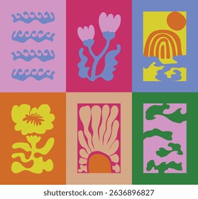 Abstract summer botanical doodle background art vector set. Hand drawn flower, leaves, sea wave, coconut tree, rainbow. Design for print, wallpaper, clipart, wall art for home decoration.