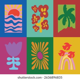 Abstract summer botanical doodle background art vector set. Hand drawn flower, leaves, sea wave, sun, coconut tree, bird. Design for print, wallpaper, clipart, wall art for home decoration.