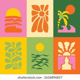 Abstract summer botanical doodle background art vector set. Hand drawn flower, leaves, sea wave, coconut tree, sun. Design for print, wallpaper, clipart, wall art for home decoration.