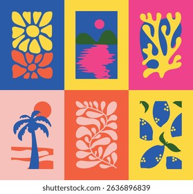 Abstract summer botanical doodle background art vector set. Hand drawn flower, leaves, sea wave, coconut tree, lemon, coral. Design for print, wallpaper, clipart, wall art for home decoration.
