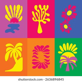Abstract summer botanical doodle background art vector set. Hand drawn flower, leaves, sea wave, coconut tree, rainbow. Design for print, wallpaper, clipart, wall art for home decoration.