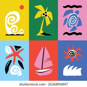 Abstract summer botanical doodle background art vector set. Hand drawn sea wave, coconut tree, boat, turtle. Design for print, wallpaper, clipart, wall art for home decoration.
