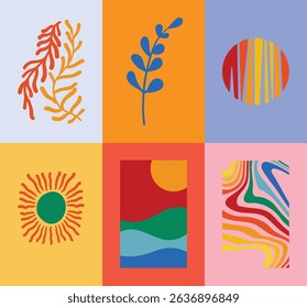 Abstract summer botanical doodle background art vector set. Hand drawn flower, leaves, coral, sun, wave. Design for print, wallpaper, clipart, wall art for home decoration.