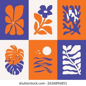Abstract summer botanical doodle background art vector set. Hand drawn flower, leaves, sea wave, monstera, bird, coral. Design for print, wallpaper, clipart, wall art for home decoration.