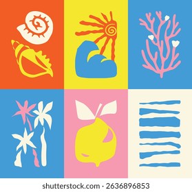Abstract summer botanical doodle background art vector set. Hand drawn sea wave, coconut tree, shell, lemon, sun, coral. Design for print, wallpaper, clipart, wall art for home decoration.