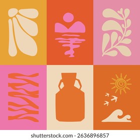 Abstract summer botanical doodle background art vector set. Hand drawn flower, leaves, sea wave, vase, sun, bird. Design for print, wallpaper, clipart, wall art for home decoration.