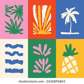 Abstract summer botanical doodle background art vector set. Hand drawn sea wave, coconut tree, sun, pineapple. Design for print, wallpaper, clipart, wall art for home decoration.