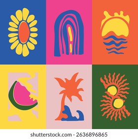 Abstract summer botanical doodle background art vector set. Hand drawn flower, leaves, sea wave, sun, coconut tree, watermelon. Design for print, wallpaper, clipart, wall art for home decoration.