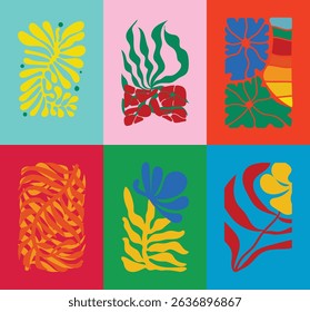 Abstract summer botanical doodle background art vector set. Hand drawn flower, leaves, coral, sun. Design for print, wallpaper, clipart, wall art for home decoration.