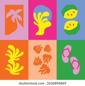 Abstract summer botanical doodle background art vector set. Hand drawn flower, leaves, sea wave, coconut tree, watermelon, sandals. Design for print, wallpaper, clipart, wall art for home decoration.
