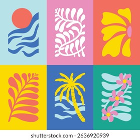 Abstract summer botanical doodle background art vector set. Hand drawn flower, leaves, sea wave, sun, coconut tree. Design for print, wallpaper, clipart, wall art for home decoration.