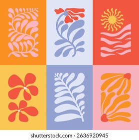 Abstract summer botanical doodle background art vector set. Hand drawn flower, leaves, sea wave, sun, moon, coral. Design for print, wallpaper, clipart, wall art for home decoration.