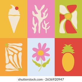 Abstract summer botanical doodle background art vector set. Hand drawn flower, coral, ice cream, pineapple. Design for print, wallpaper, clipart, wall art for home decoration.